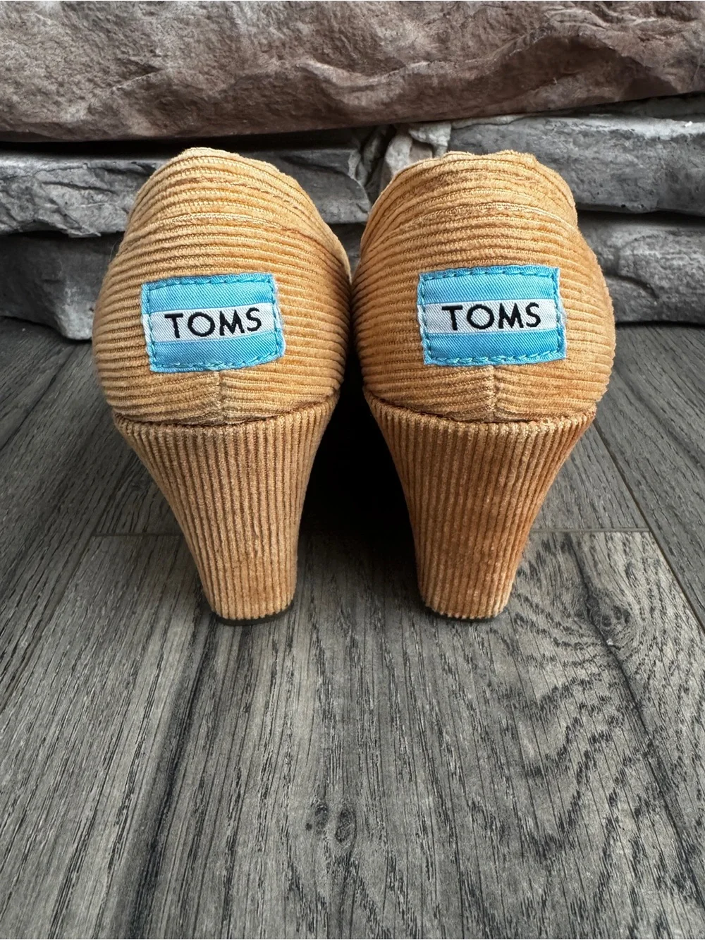 TOMS Khaki Tan Corduroy Peep-Toe Calypso Wedge Slip-Ons-6.5 3” Wedge